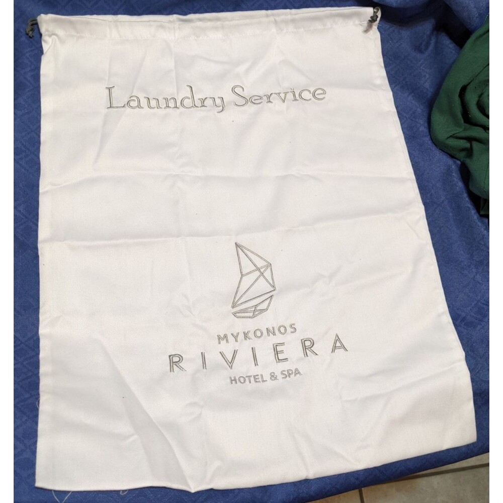 Mykonos Riviera Hotel Spa EMBROIDERED Linen Drawstring Laundry Bag 17.5 x  23.5